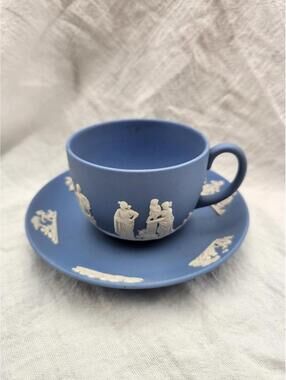 Wedgwood Jasperware Blue Teacup & Saucer Neoclassical Relief 1972 I2
